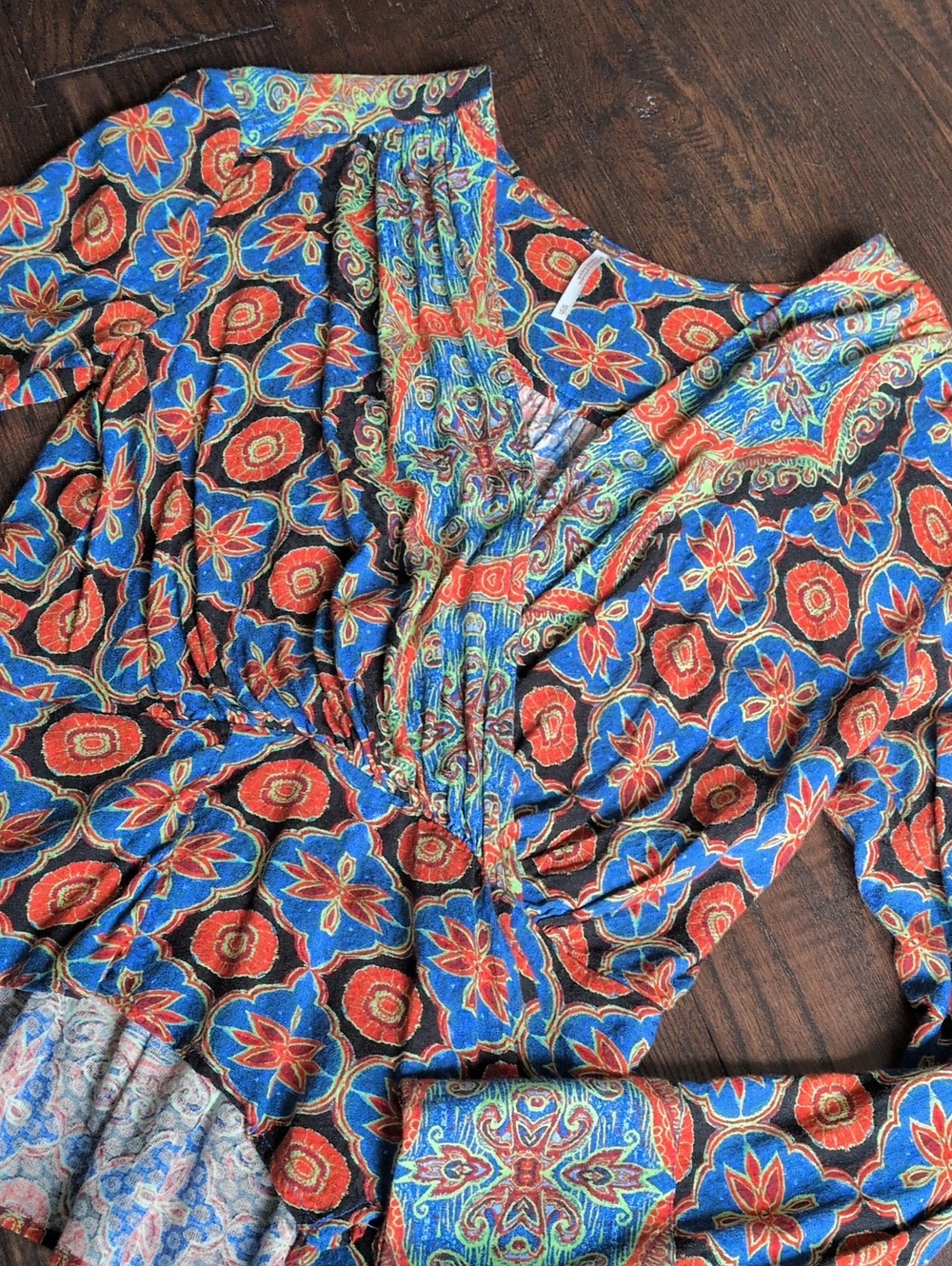 FREE PEOPLE I Colorful 'Falling For You' Flowy V-neck Asymmetric Peplum Top, XS